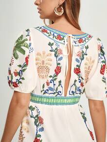 CAJUNI Bộ đồ liền thân cổ chữ V tay ngắn thêu hoa hồng giả màu xanh lá cây, đỏ, mơ dành cho nữ, thích hợp cho các buổi hẹn hò và đi chơi - Nhiều màu - Xem 7