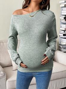 SHEIN Autumn And Winter Maternity Casual Solid Color Asymmetric Collar T-Shirt, Autumn Green Long Sleeve Top - Mint Green - View 1