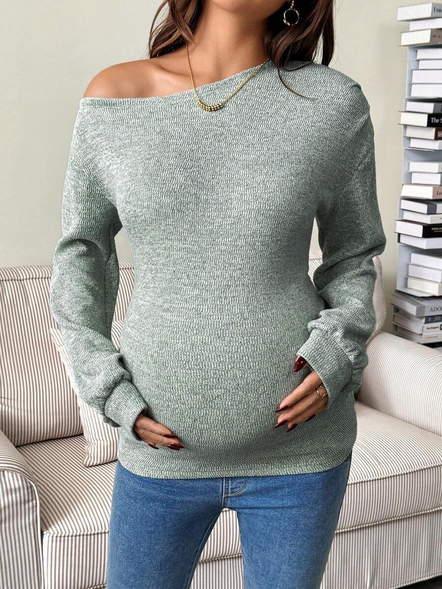 SHEIN Autumn And Winter Maternity Casual Solid Color Asymmetric Collar T-Shirt, Autumn Green Long Sleeve Top - Mint Green - View 1