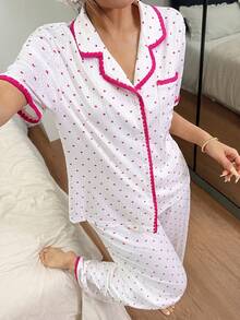 SHEIN Women's Fresh Heart Print Patchwork Color Block Collar Button Short Sleeve Pajama Set - White - View 5
