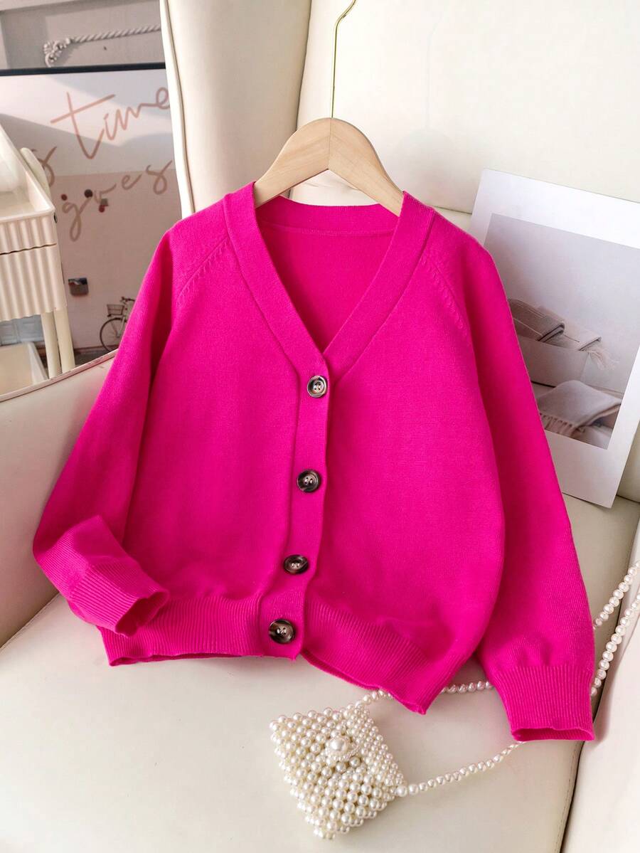 SHEIN 少女休闲纯色纽扣开衫 - 玫紅色 - 查看 1