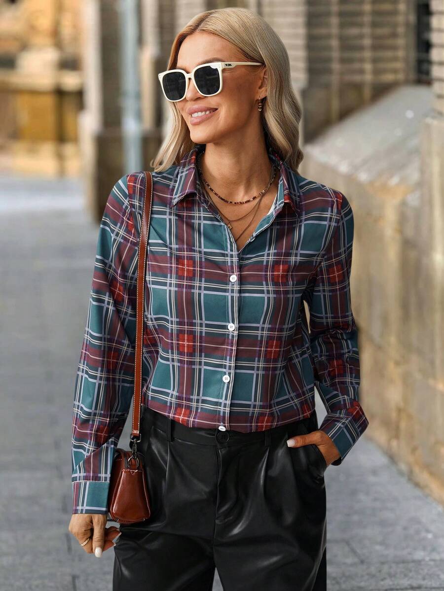 SHEIN Clasi Camicia casual da donna a maniche lunghe con bottoni e stampa a quadri, adatta per l'autunno, l'inverno, feste, Capodanno e Natale