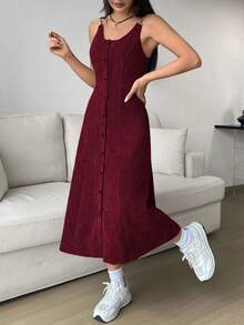 SHEIN EZwear 女式酒红色纽扣无袖腰连衣裙（不含T恤） - 酒紅色 - 查看 3