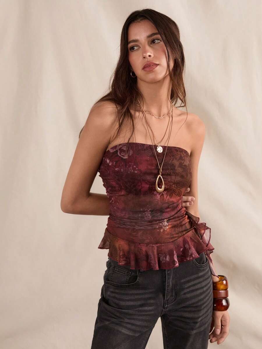 Easelle Áo thun bandeau lưới in họa tiết đồng quê mùa hè dành cho nữ - Nhiều màu - Xem 1