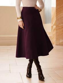 Modelyn Váy dài xòe thanh lịch bằng da lộn giả màu trơn dành cho nữ - Màu Đỏ Sâu - Xem 3