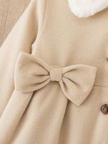 Genkimix Kids 女童纽扣大衣，毛领，手工蝴蝶结腰身设计，冬季款 - 卡其色 - 查看 3