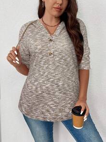 EMERY ROSE Plus Size Women's Hooded Drawstring Button Waffle Fabric Loose Casual Sweatshirt, Autumn & Winter Sweatshirts Christmas Holiday - Khaki - View 4