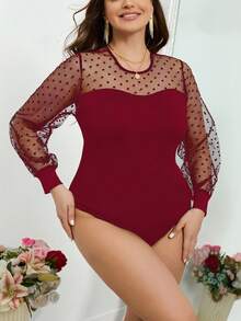 SHEIN Privé 大码女式植绒波点网纱圆领长袖连体衣 - 紅色 - 查看 4