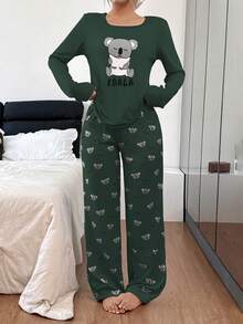 Koala Print Long Sleeve Top And Long Pants Pajama Set, Fall & Winter Clothes - Green - View 5