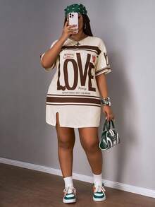 Slaydiva Plus Size Early Spring Vacation Casual Pink Side Slit Drop Shoulder Short Sleeve Dress - Brown - View 1