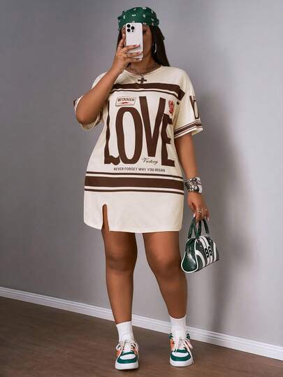 Slaydiva Plus Size Early Spring Vacation Casual Pink Side Slit Drop Shoulder Short Sleeve Dress