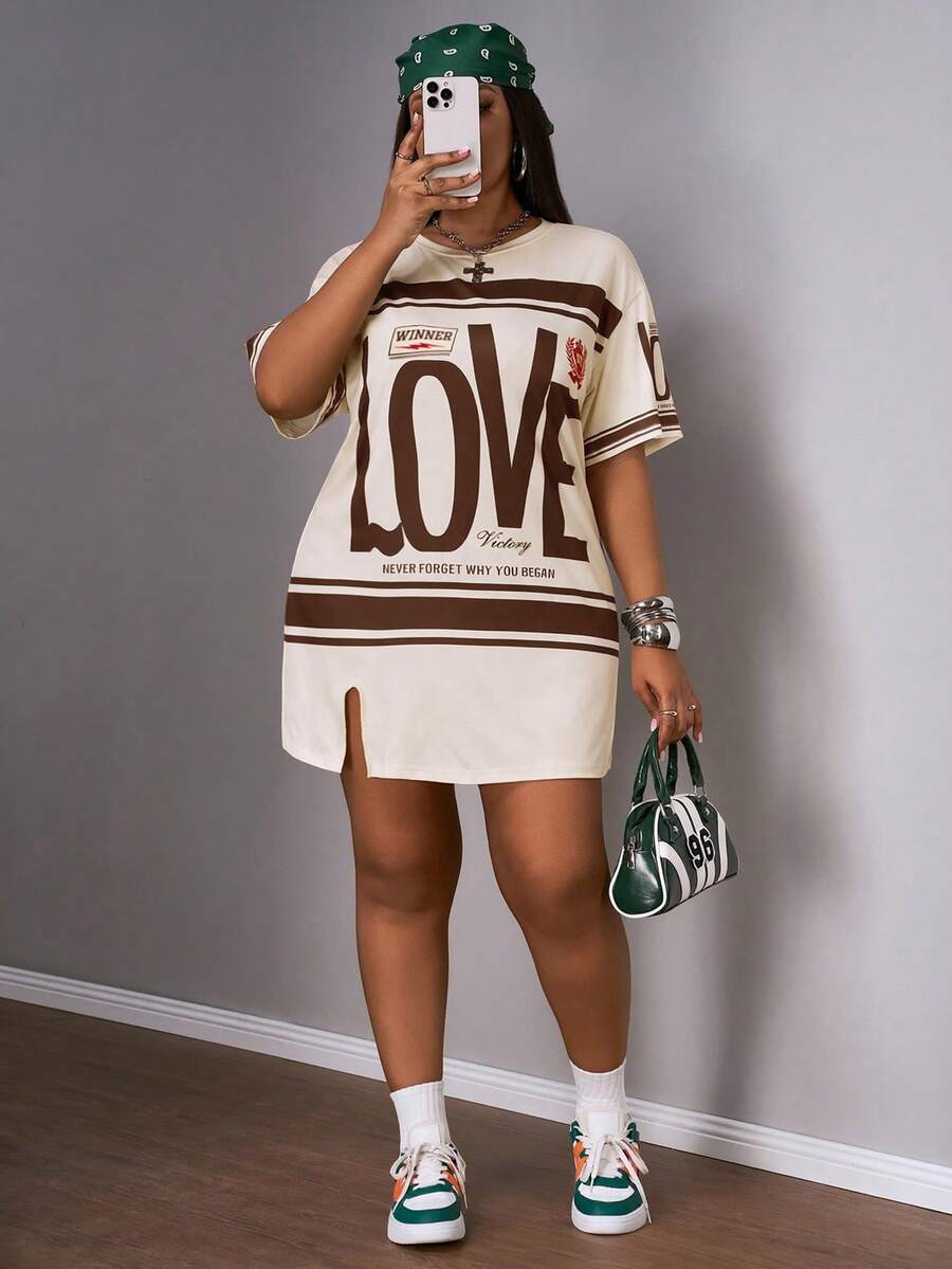 Slaydiva Plus Size Early Spring Vacation Casual Pink Side Slit Drop Shoulder Short Sleeve Dress - Brown - View 1