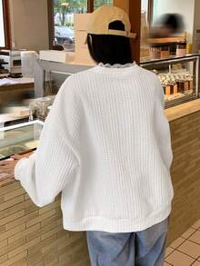 DAZY Women's V-Neck Lace Ribbon Patchwork Textured Loose Pullover Sweatshirt - White - View 5