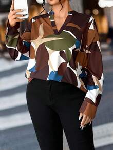 Elenzga Women's Casual Vacation Style All-Over Print V-Neck Loose Blouse - Multicolor - View 3