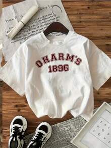Mujer casual universitario camiseta estampado letras OHARM'S 1896 tejido suave color sólido holgado cuello redondo manga corta primavera verano diario - Blanco - Ver 1