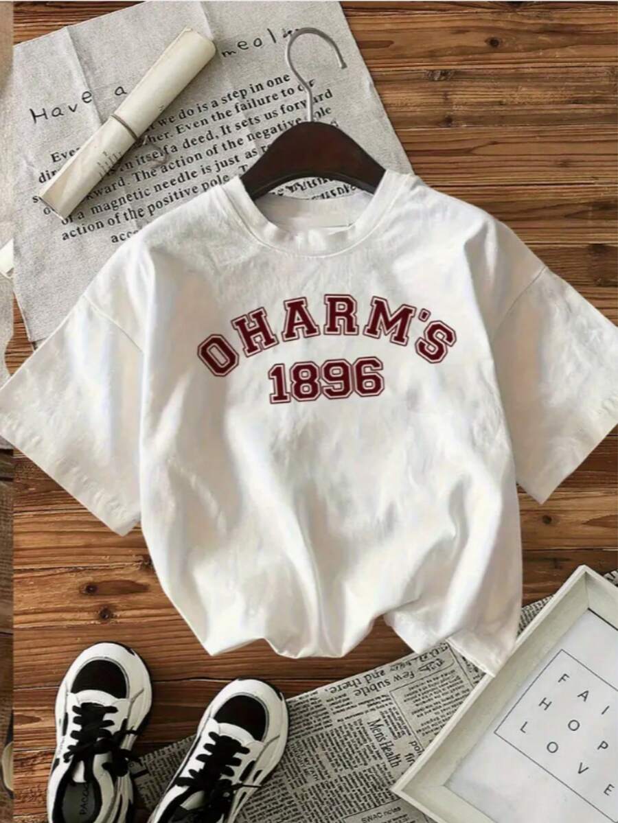 Mujer casual universitario camiseta estampado letras OHARM'S 1896 tejido suave color sólido holgado cuello redondo manga corta primavera verano diario - Blanco - Ver 1