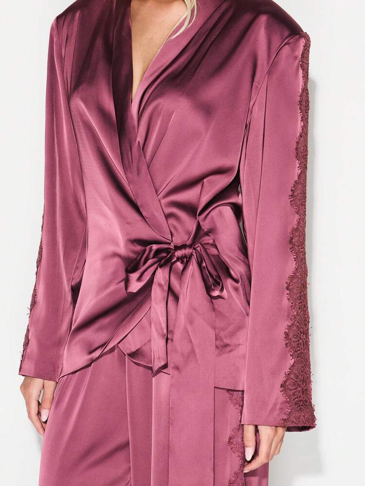 KIZN Satin Wrap Blouse With Lace Trim