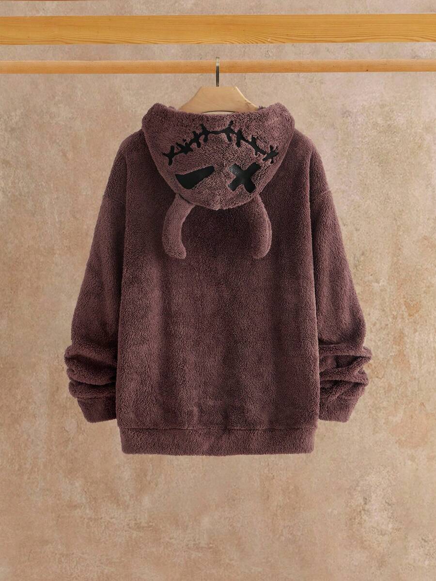 Manfinity NXTstreet 男士抓绒休闲万圣节恶魔角连帽卫衣毛绒连帽衫棕色连帽衫男士棕色图案带耳朵连帽衫熊耳朵连帽衫 - 棕色 - 查看 1