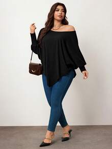 Enliva Áo thun nữ dáng rộng tay cánh dơi viền bất đối xứng màu trơn vai chéo dáng rộng thường ngày cỡ lớn dành cho nữ, mùa thu, mùa đông, dành cho dáng người quả táo tròn - màu đen - Xem 5