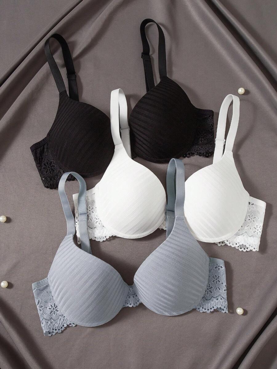 EmpressEnvy 3pcs Women Solid Color Contrast Lace Fashion Lingerie Bra Set - Multicolor - View 1