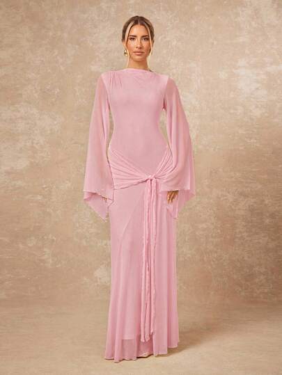 Lumalex Women's Loose Sheer Dress With Tie-Up Sash And Flowy Sleeves