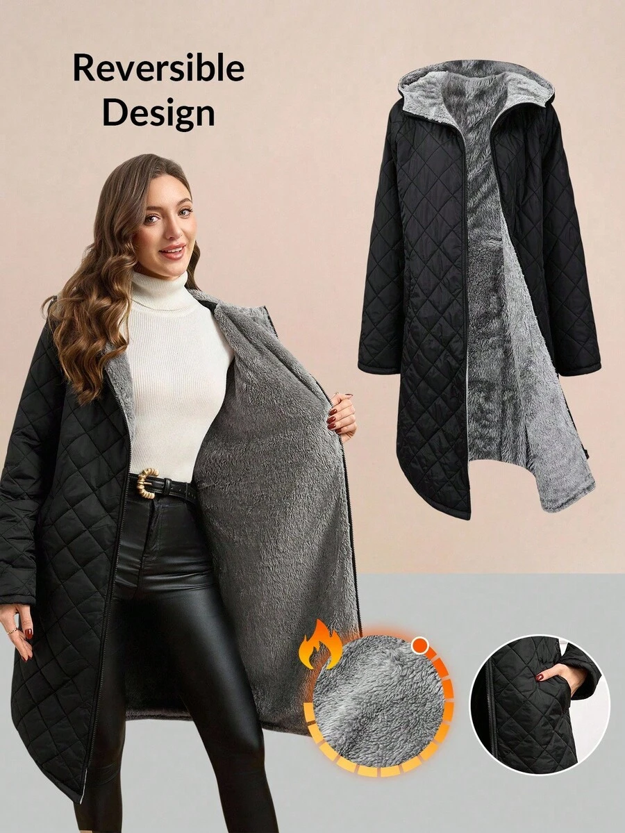 SHEIN Clasi 毛绒绒外套,舒适的秋冬外套 - 黑色 - 查看 1