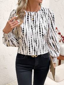 SHEIN Clasi Women's Black & White Polka Dot Print Lantern Sleeve Ruffle Hem Long Sleeve Blouse - Khaki - View 4