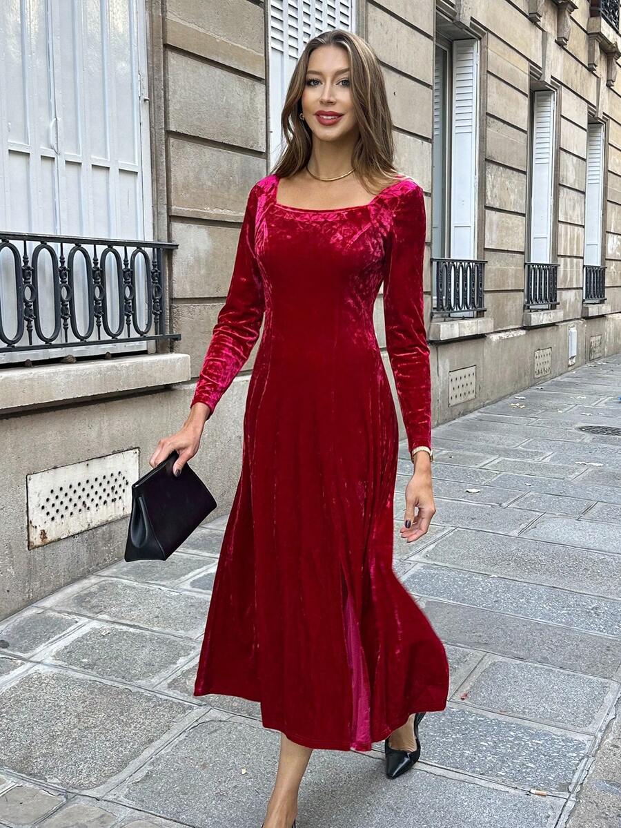 SHEIN PariChic 女士纯色方领长袖优雅连衣裙 - 紅色 - 查看 1