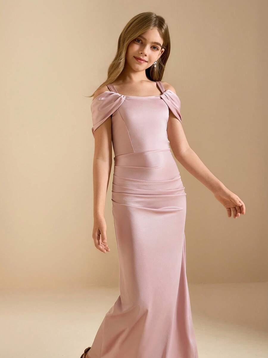 Tween Girl Elegant Charming Pink Spaghetti Strap Off-Shoulder Waist Cinched Luxurious Mermaid Hem Dress - Pink - View 1
