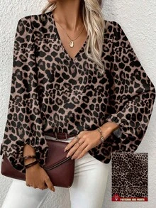 EMERY ROSE Blusa di moda larga con scollo a V e maniche a lanterna, stampa leopardata, per donne taglia comoda, adatta per autunno e inverno. Blusa con stampa leopardata o stampa cheetah, colore marrone, maniche a lanterna, scollo a V. - Multicolore - Visualizzare 1