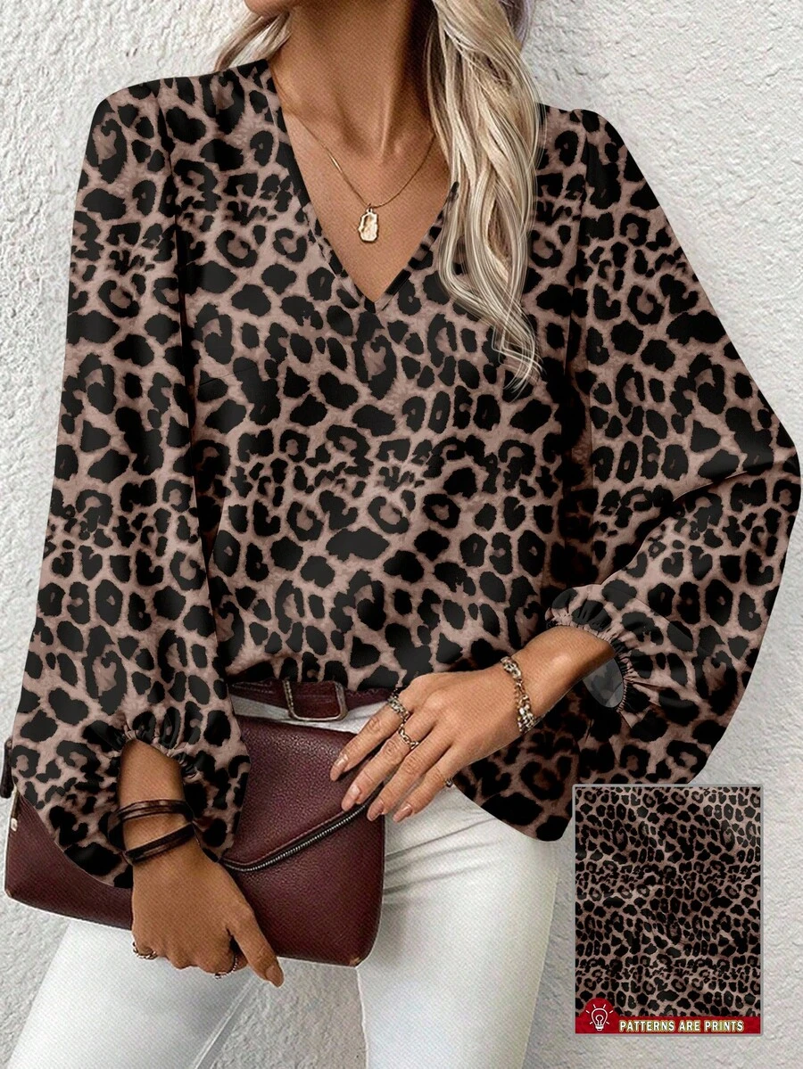 EMERY ROSE Blusa di moda larga con scollo a V e maniche a lanterna, stampa leopardata, per donne taglia comoda, adatta per autunno e inverno. Blusa con stampa leopardata o stampa cheetah, colore marrone, maniche a lanterna, scollo a V. - Multicolore - Visualizzare 1