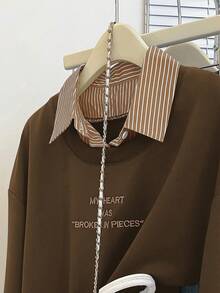 INAWLY Women's Casual Striped Patchwork Slogan Embroidered Sweatshirt, Autumn - Mocha Brown - View 4