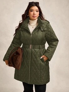 Zelara Abrigo acolchado y acolchado con cinturón de metal, abrigo con capucha de talla grande para otoño/invierno - Verde militar - Ver 9