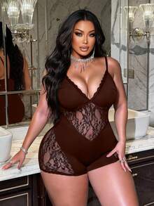 NU&NOW Plus-Size Women's Summer Brown Solid Color Fabric Patchwork Sexy Lace V-Neck Suspender Jumpsuit Shorts, Suitable For Everyday Wear, Parties, New Year's Wear, Christmas Wear, Holiday Wear, Valentine's Day Wear, Floral Pattern. - Brown - View 3