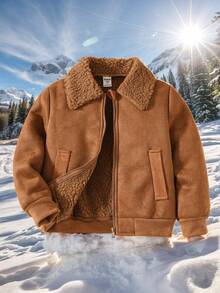 Tween Boy Solid Color Sherpa Lined Zip-Up Casual Jacket, Autumn/Winter Burgundy Boho Goth Y2k Rave Vacation Holiday Festival Christmas Fall Winter Vintage Casual Cozy