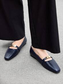CUCCOO BIZCHIC Giày bệt mũi vuông màu xanh navy có khóa kim loại cho nữ, giày Mary Jane thoải mái, thường ngày, dùng để đi dự tiệc - Màu xanh lam - Xem 4