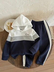 LMoss Kids LMoss 2pcs/Set Young Boy Contrast Color Hooded Sweatshirt And Jogger Pants Set, Hoodies, Long Sleeve Tops, Cozy Fall & Winter Styles