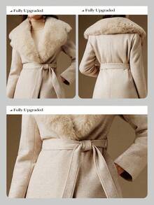 Anewsta 女式长翻领可拆卸仿毛领收腰休闲夹棉羊毛大衣，秋冬时尚 - 米色 - 查看 9
