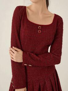 Opuloom Robe courte élégante et polyvalente de style français chic pour femmes, en tissu brillant de haute qualité, col rond, épaules tombantes, manches longues, taille cintrée, plissée en A, adaptée à l'automne/hiver