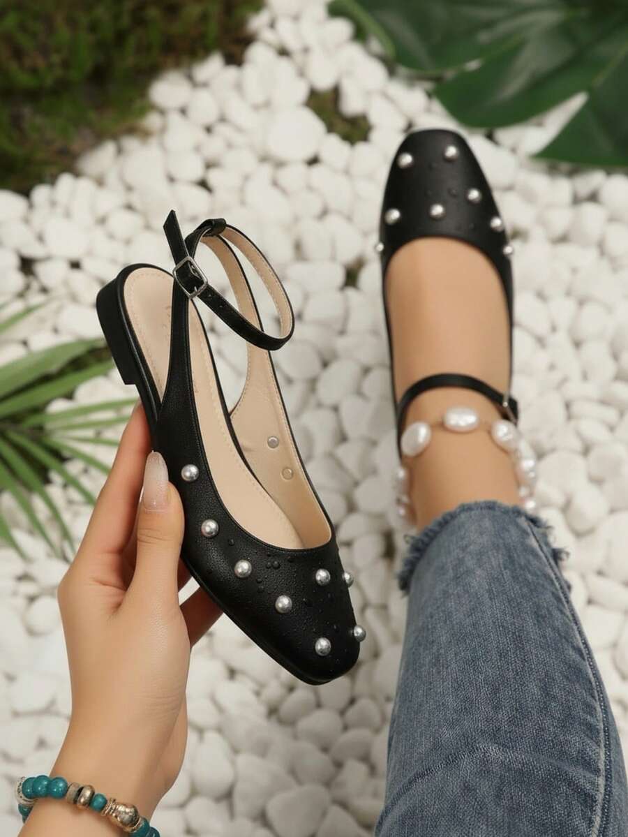 Zapatos para mujer con tachuelas decorativas, punta cuadrada, correa ajustable, estilo moderno elegante, ideales para oficina y uso diario - Negro - Ver 1