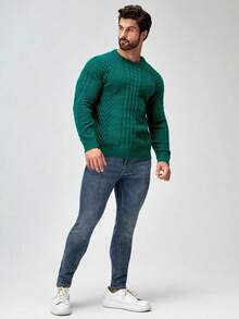 Manfinity Homme Men's Casual Cable Pattern Crew Neck Long Sleeve Sweater, Autumn/Winter - Mint Green - View 3