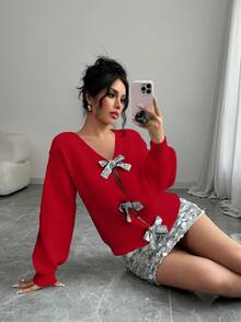 Elenzga Women's Casual Sequin Bow Decor Loose Fit Long Sleeve Sweater - Red - View 5