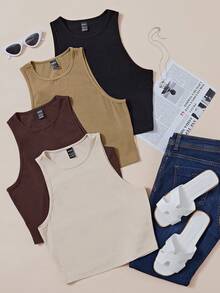 Femesol Women's Solid Color Minimalist Sleeveless Round Neck Ribbed Knit Tank Top,Beige Summer Casual Everyday Wear Basic Neutral Tops - Multicolor - View 4