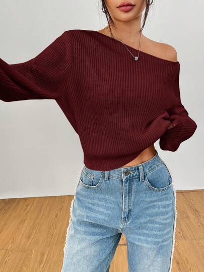 SHEIN PETITE Suéter blanco de mujer de manga larga que se puede usar sobre los hombros, suéter navideño, navidad para mujeres, adecuado para otoño e invierno