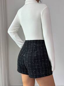 SHEIN Elenzya Elegant Tweed Asymmetrical Button Decor Women Shorts - Black - View 2