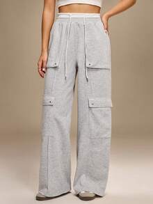 Hanevo 女士时尚休闲美式撞色腰带工装口袋高腰抽绳宽松直筒裤 - 灰色 - 查看 5