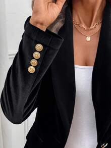 EMERY ROSE 女士优雅纯色丝绒西装外套 - 黑色 - 查看 5