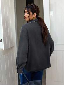 Lounesse بلوزة كاجوال بأكمام طويلة وتصميم كشكش متباين للنساء ذوات الأحجام الكبيرة، قابلة للغسيل، تصميم فضفاض عصري