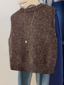 GlowEve Chaleco de punto casual de cuello redondo de unicolor para mujer, otoño/invierno