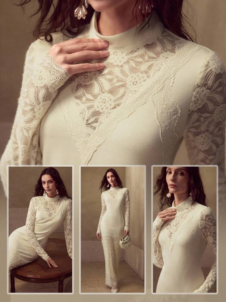 VESTIDO LONGO ELEGANTE AJUSTADO DE RENDA CONTRASTANTE PARA MULHERES